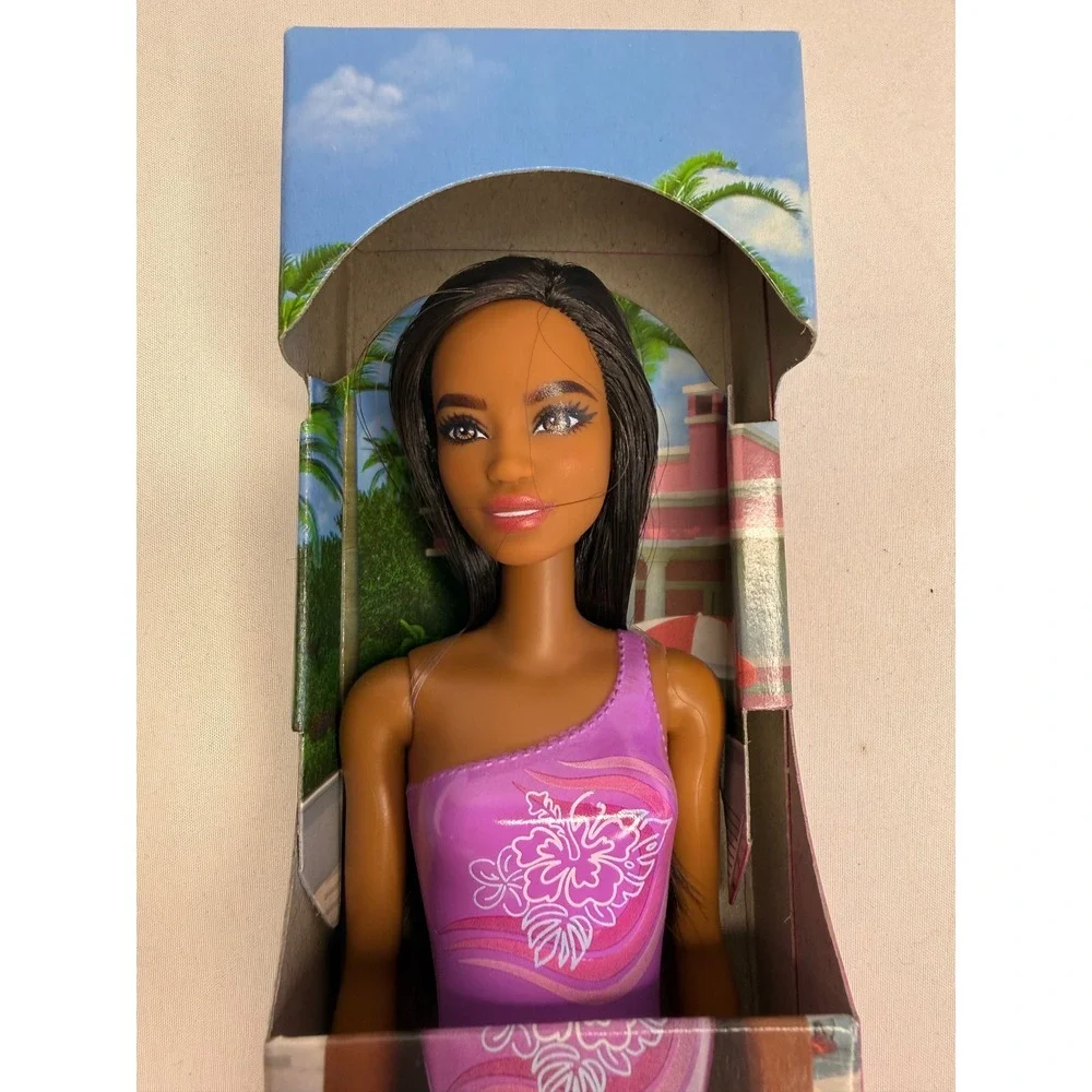 Barbie‎ Beach Doll Brown Hair Swimsuit Purple Tropical Print Beach Pool